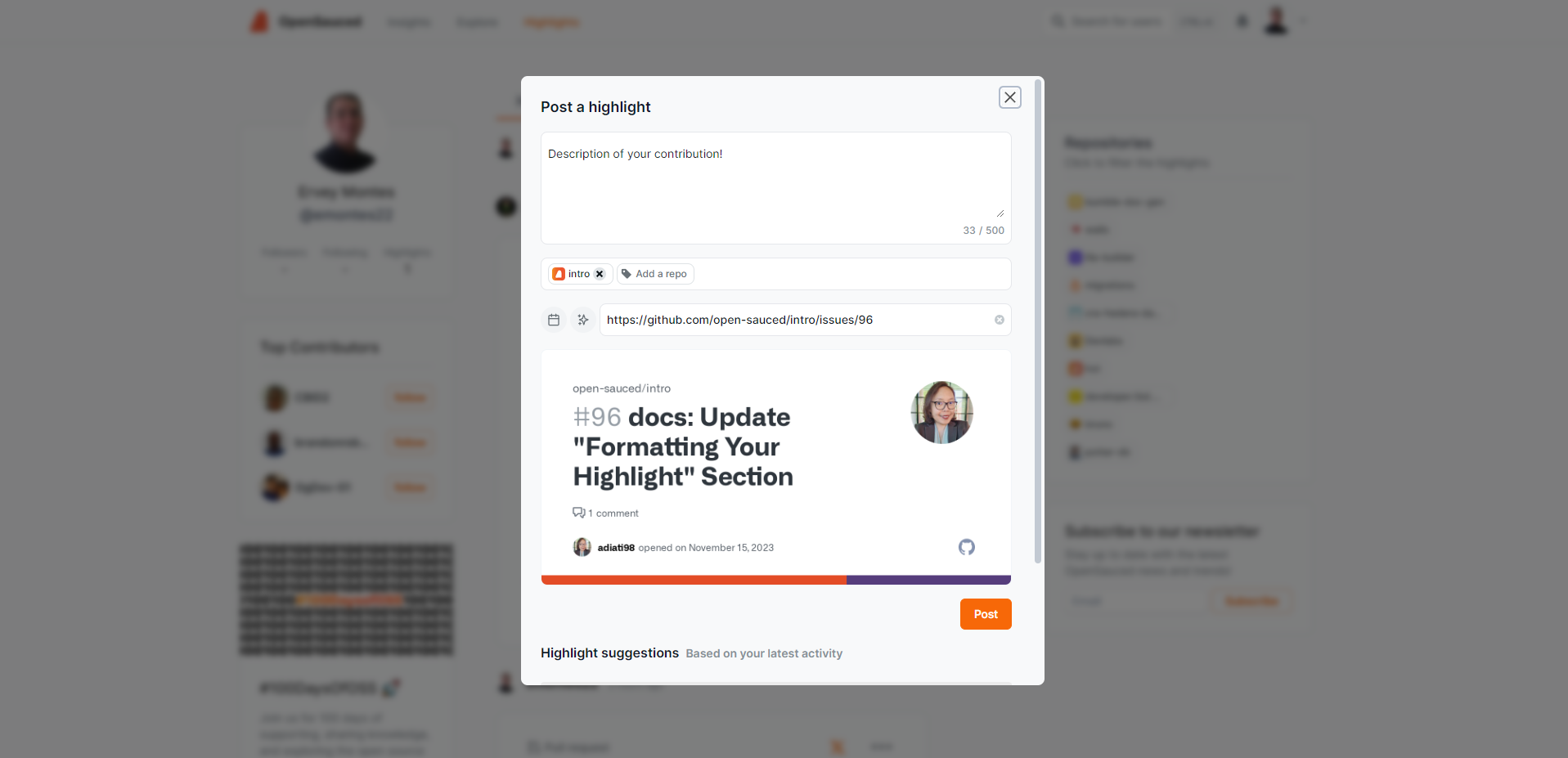 Adding a highlight to a profile at OpenSauced